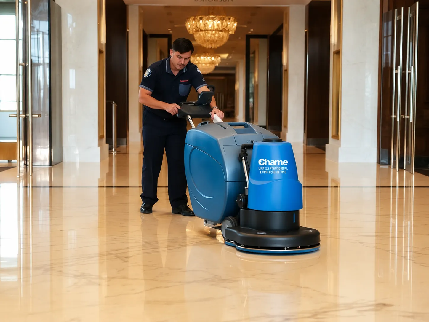 Profissional utilizando enceradeira industrial na restauração de piso